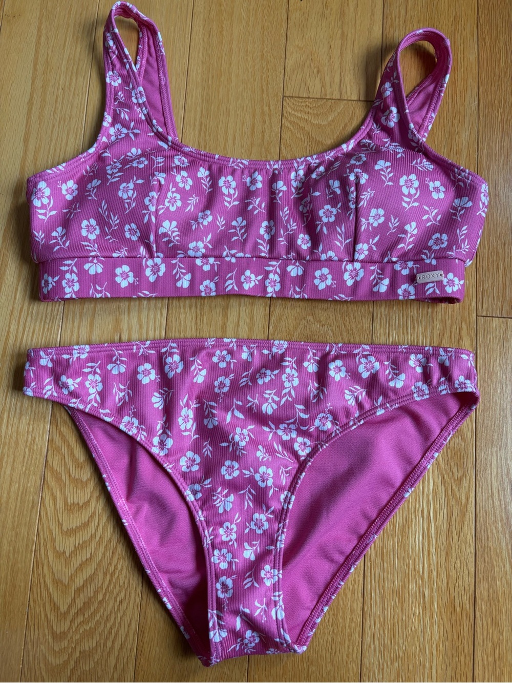 Roxy Girl Two Piece Pink Floral Ribbed Bathing Suit Size 16